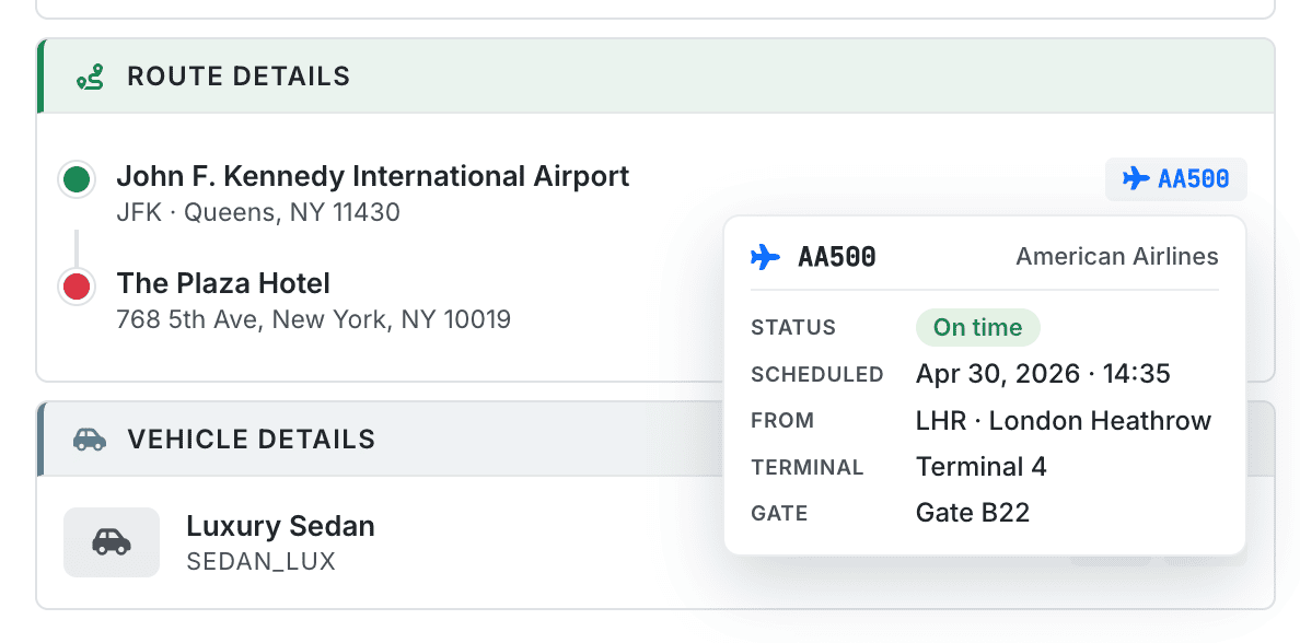 Route details with live flight status — Open Limo