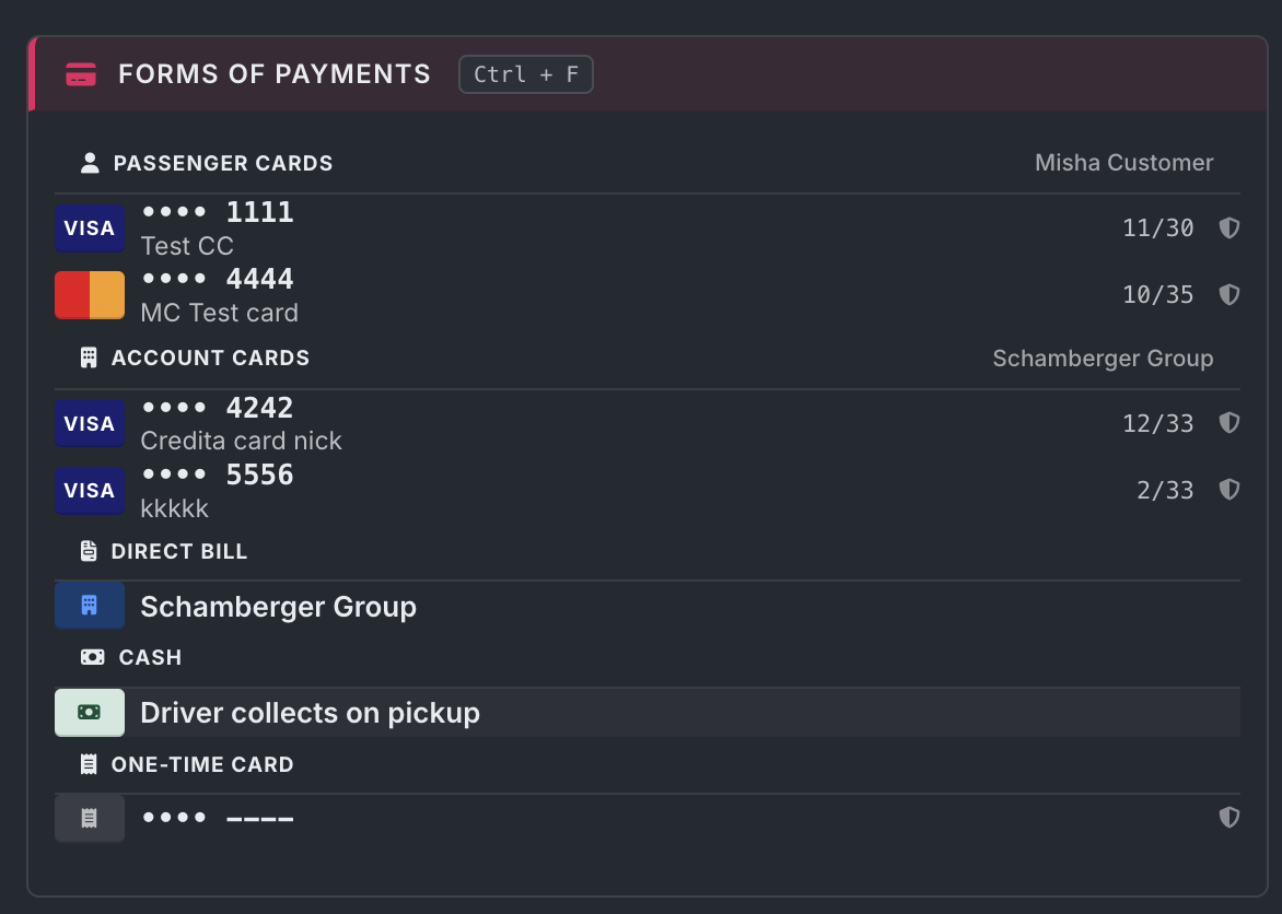 Forms of payment, dark theme — Open Limo