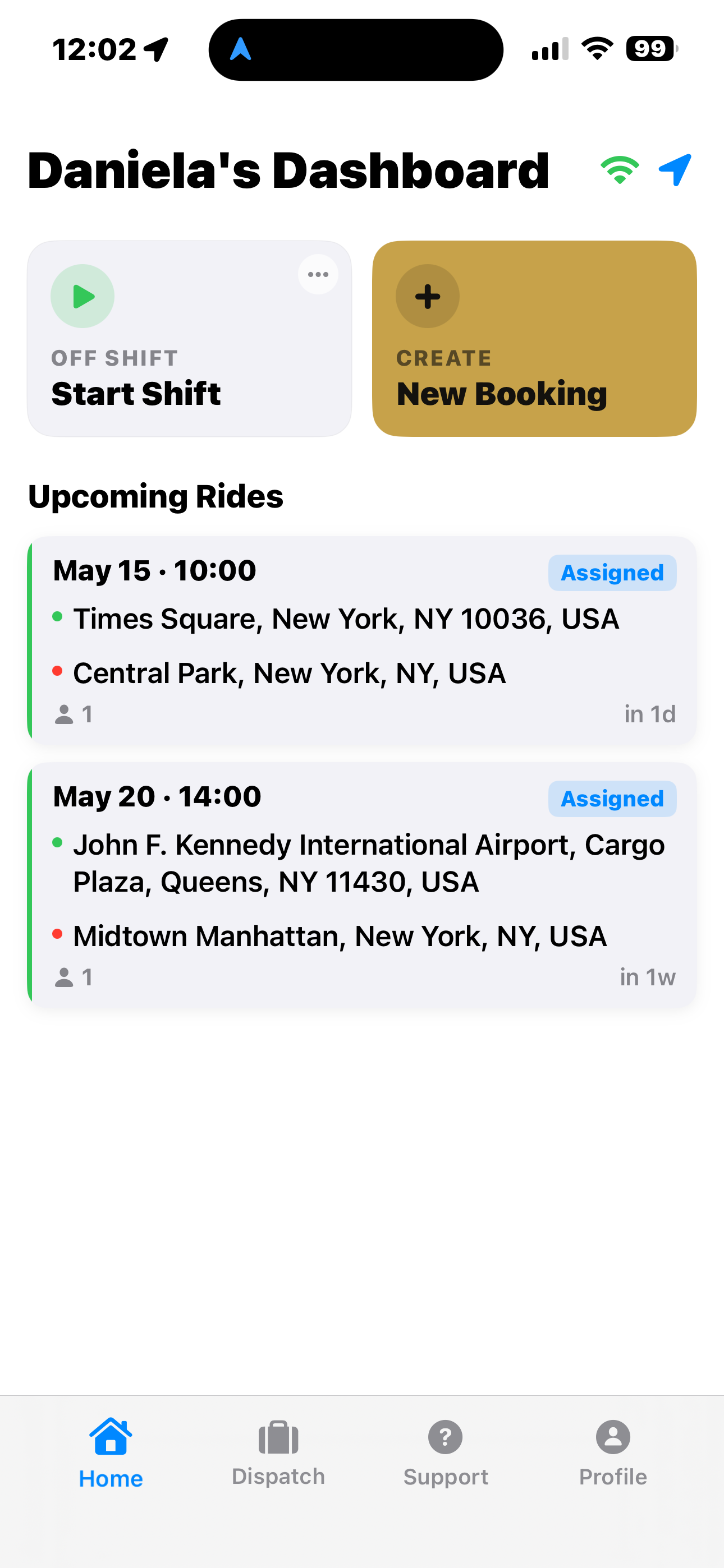 Driver dashboard — Open Limo chauffeur app