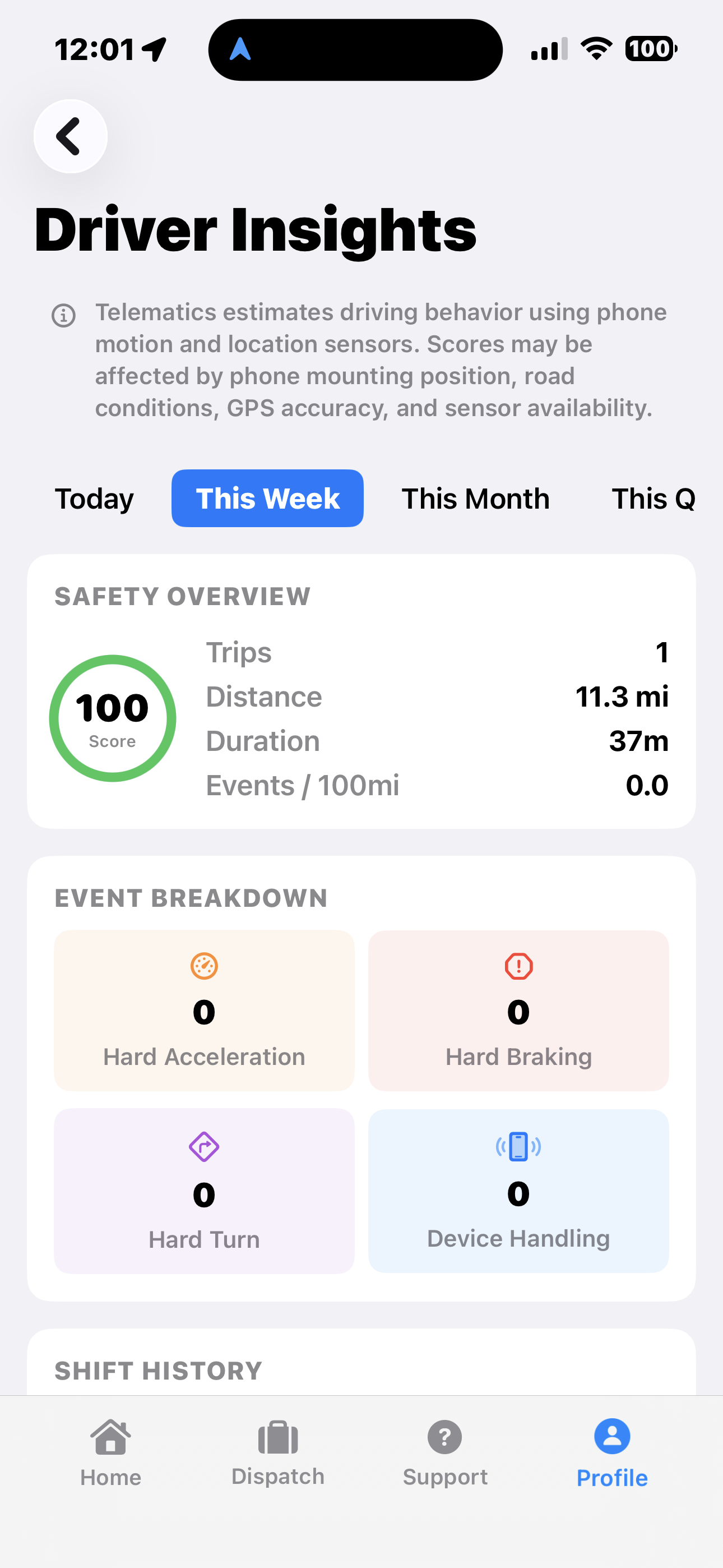 Driver Insights screen with safety score and event breakdown — Open Limo chauffeur app